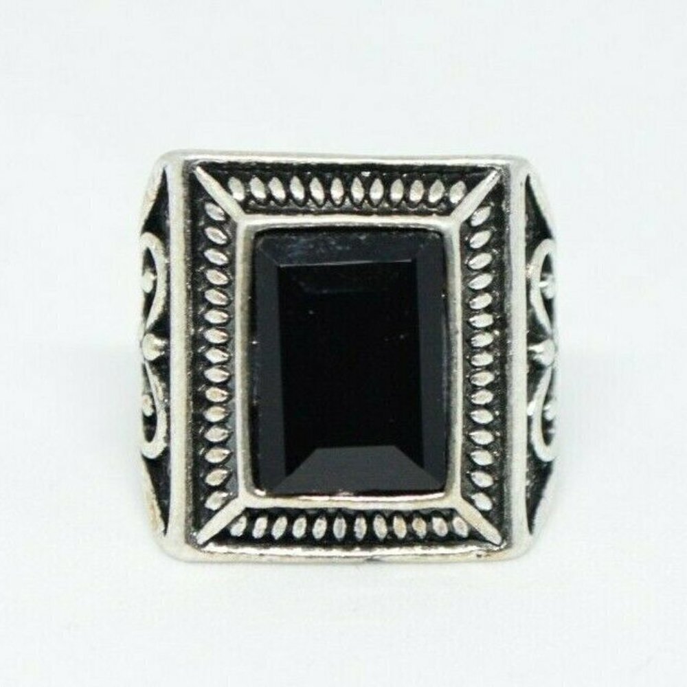 Black Glass Rhinestone Silver Tone Square Ring